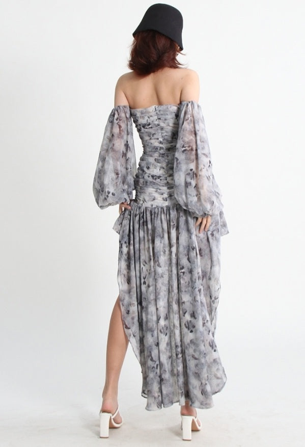 Asymmetrical Mini Dress Slash Neck Puff Sleeve Solid Minimalist