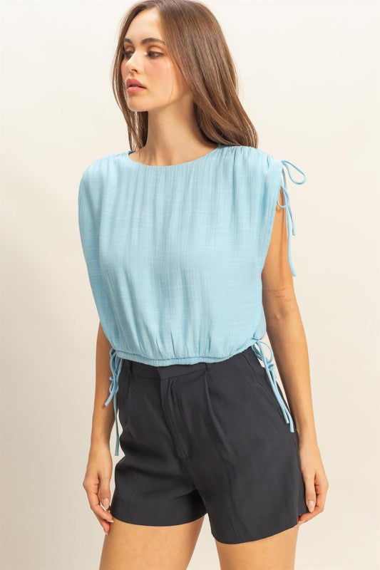 HYFVE Bubble Hem Side Tie Detail Round Neck Sleeveless Blouse