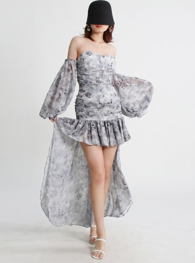 Asymmetrical Mini Dress Slash Neck Puff Sleeve  Solid Minimalist