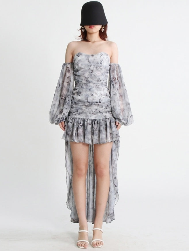 Asymmetrical Mini Dress Slash Neck Puff Sleeve  Solid Minimalist