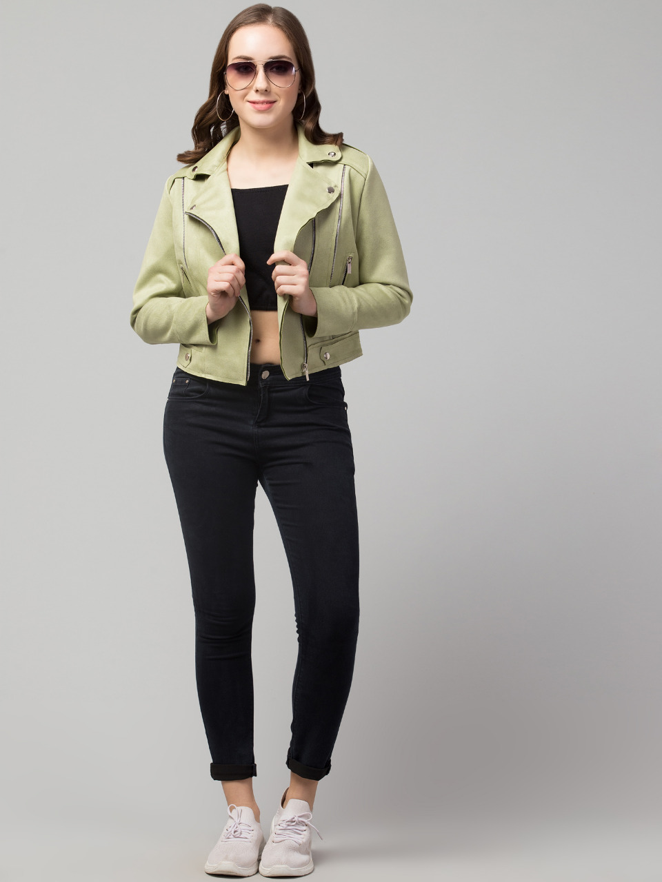 Women Classic Zipper Suede Biker Jacket (Color Pista Green) (Size M)