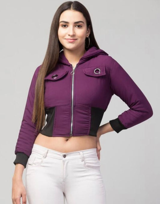 Women Solid Light Weight Casual Short Jacket (Color Purple) (Size M)